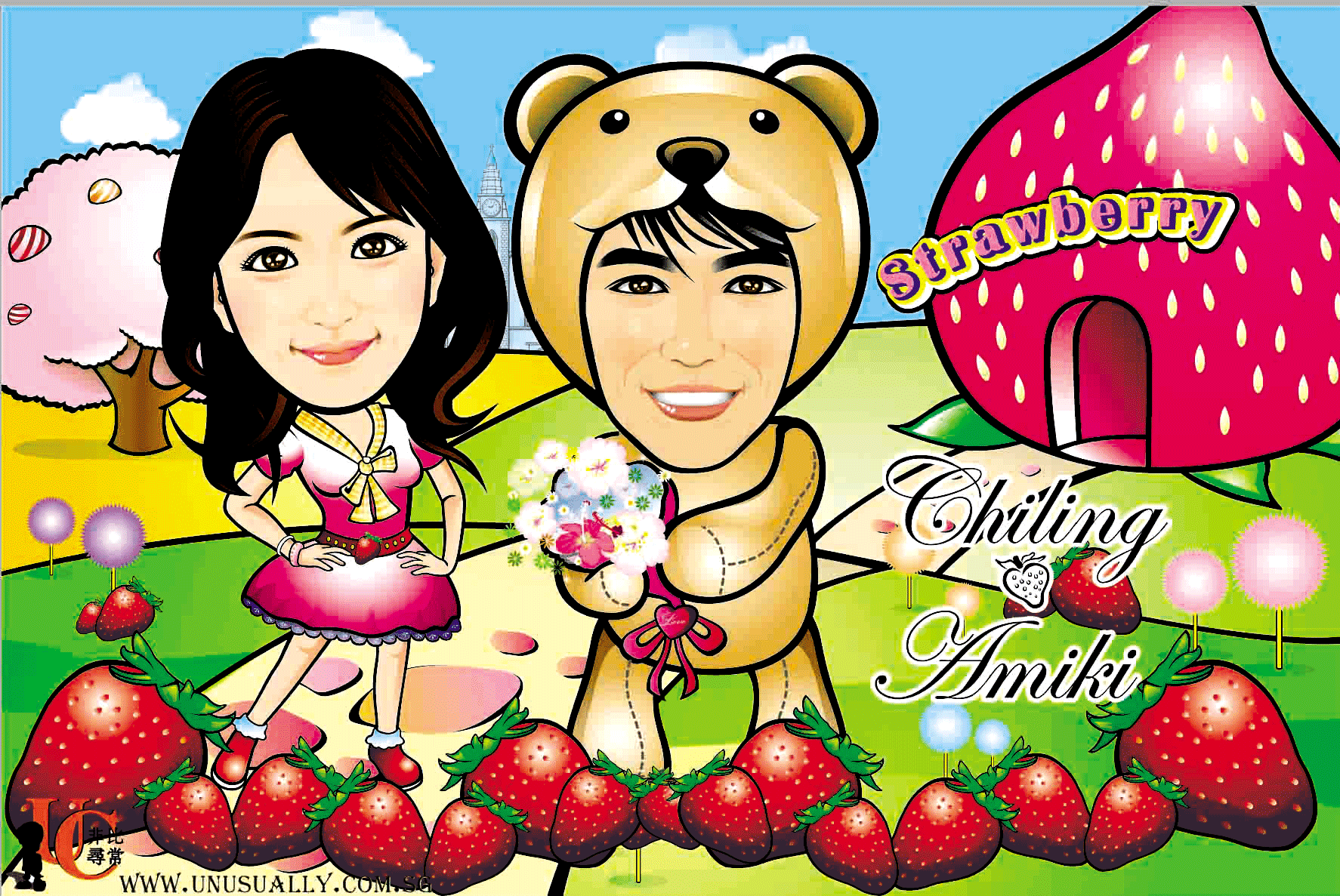 Digital Caricature Drawing - Strawberry Lovely Couple Theme